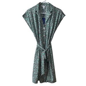 PopSugar Green Black Tulip Floral Shirt Dress Button Front Belted Pockets M NEW